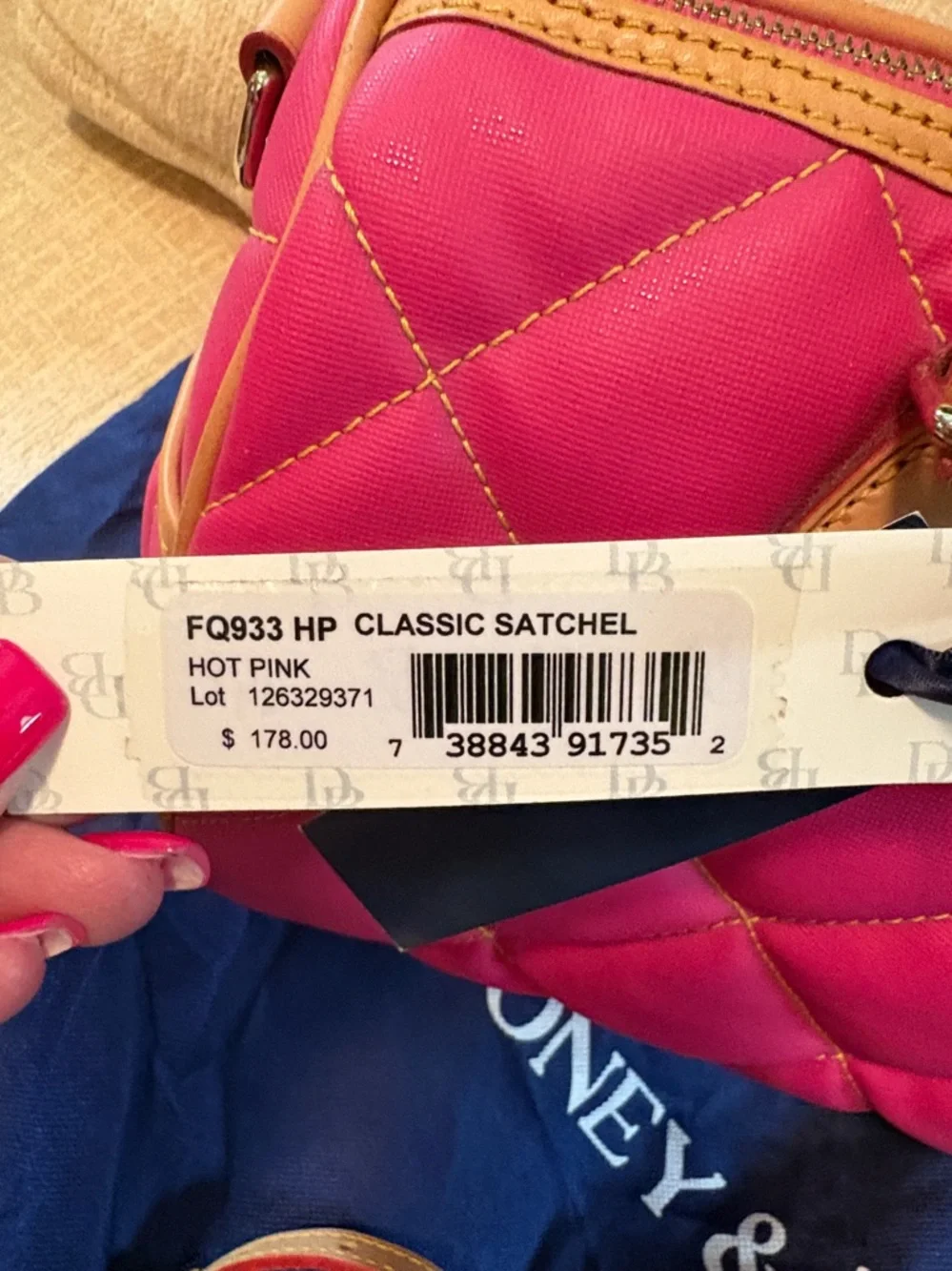 Dooney & Bourke Fuchsia Quilted Satchel with Tan Leather Trim - Picture 5 of 12